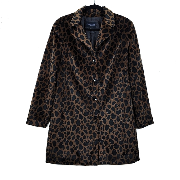 Express Brown Faux Fur Leopard Coat Size 7/8 - Picture 2 of 7